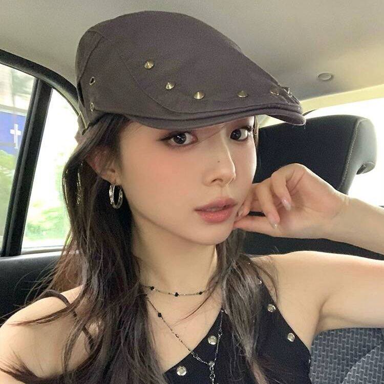 复古铆钉前进帽女春夏季薄款遮阳防晒鸭舌贝雷帽百搭休闲女显脸小