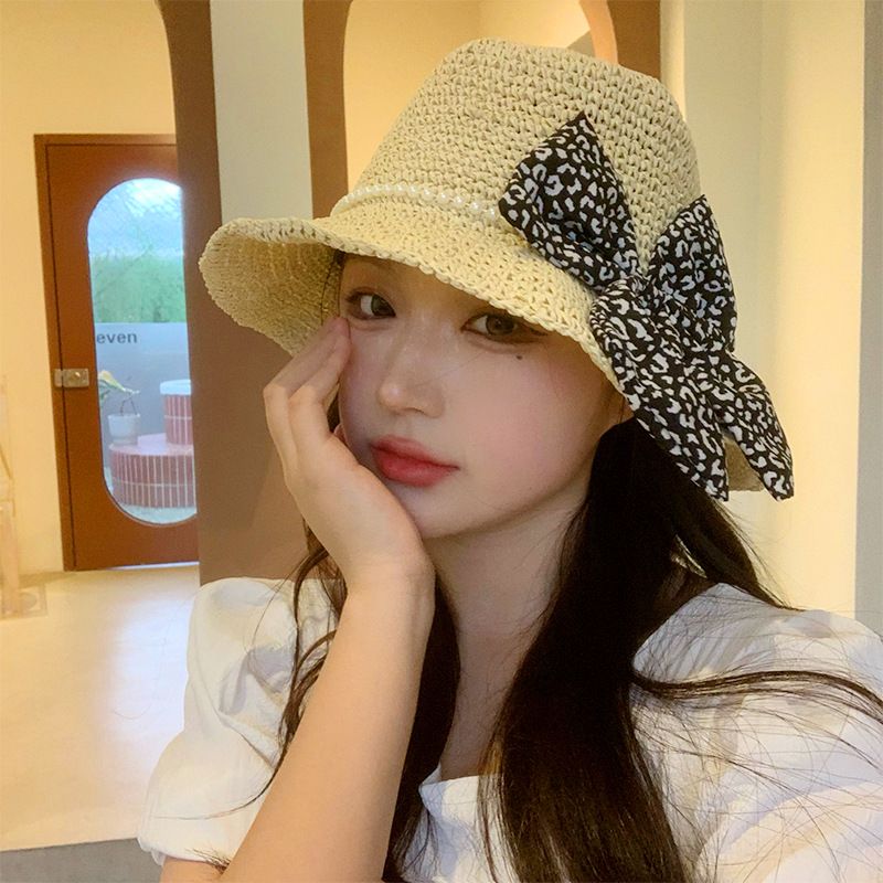 蝴蝶结珍珠草帽女夏海边防晒遮阳度假帽法式新款网红宽檐草编凉帽