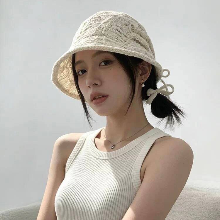 日系麦穗手工花针织渔夫帽女春夏文艺风镂空褶皱透气遮阳盆帽潮