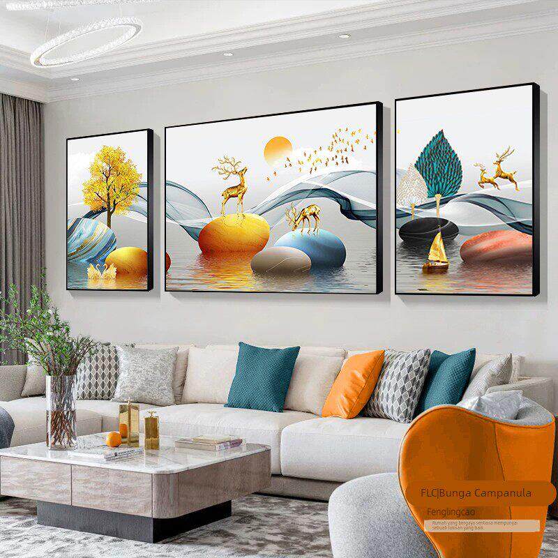 招财麋鹿三联画十字绣2025新款线绣客厅手工刺绣简约现代餐厅玄关