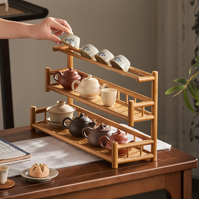 桌面博古架小型茶杯架子茶具收纳层架紫砂壶置物架新中式装饰品摆