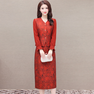 婚礼妈妈套装两件套大气婆婆婚宴礼服宴会婚庆气质红连衣裙子