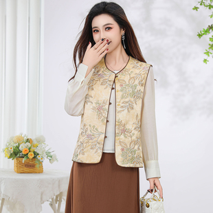 2026春款新款时尚国风马甲女洋气拼接圆领单排扣绣花减龄马夹上衣