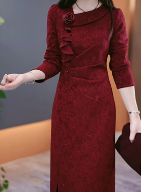 喜婆婆婚宴装2025新款秋冬高端结订婚妈妈礼服改良旗袍加绒连衣裙