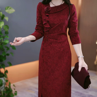 喜婆婆婚宴装 秋冬高端结订婚妈妈礼服改良旗袍加绒连衣裙 2025新款