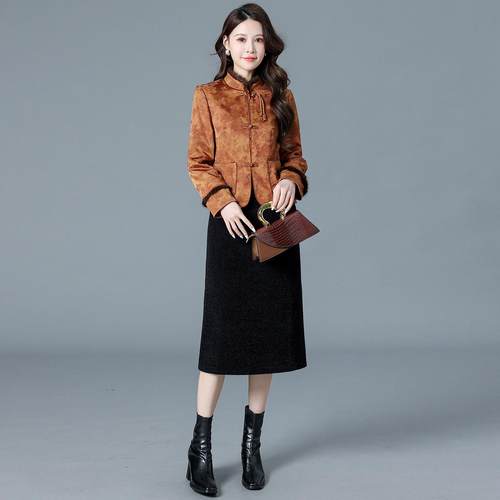 新中式提花唐装棉衣貂绒连衣裙套裙时尚套装国风棉袄裙子两件套