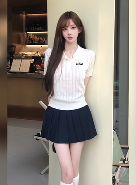 韩系白色刺绣短袖针织衫女夏季小个子高腰显瘦百褶半身裙两件式套