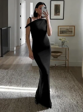 One Shoulder Sexy Wrap Hip Asymmetric Long Dresses