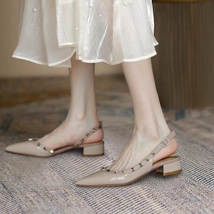 漆皮包头气质裸Z色高跟女 铆钉凉鞋 女2025年夏新款 尖头单鞋 平底鞋