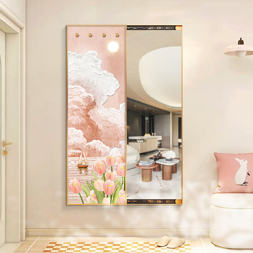 带挂钩奶油风花海隐藏式全身镜隐形玄关客厅镜子画北欧推拉试穿镜