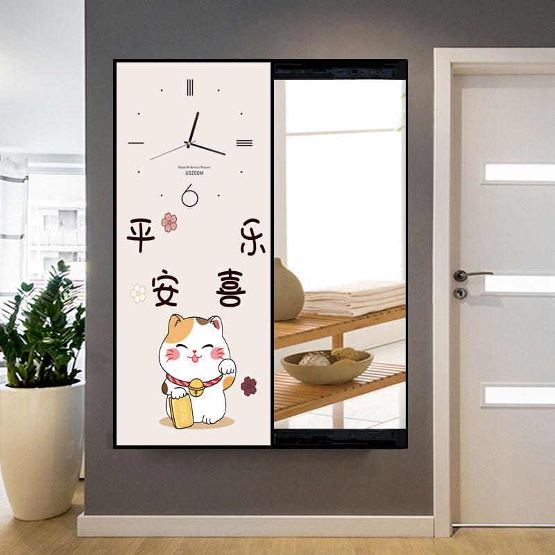 入户玄关装饰画隐藏镜子带钟表隐形穿衣镜卡通招财猫时钟寓意好