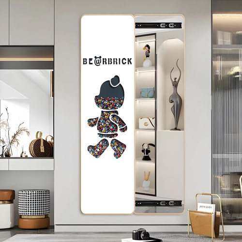 熊猫隐形推拉全身镜装饰画玄关穿衣镜壁画隐藏式可关闭镜子圆角画