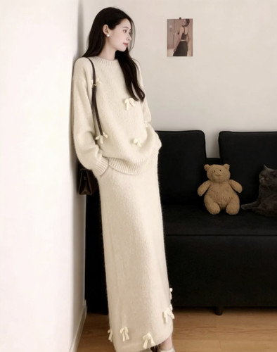 2025新款蝴蝶结拼接针织衫女韩国复古圆领宽松慵懒芭蕾纯欲风减龄