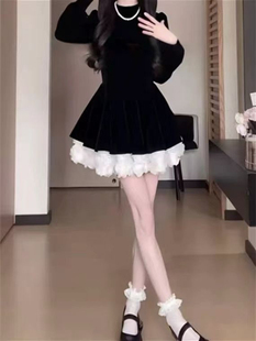 2025新款 松本公主丝绒小黑裙气质收腰显瘦撞色拼接连衣裙短裙丧丧