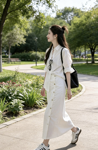 法式老钱风白色亚麻衬衫外套女春夏外搭防晒开衫衬衣半身裙两件套