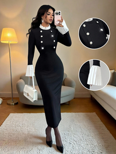 法式 系带裙 复古气质收腰显瘦v领不规则连衣裙腰部褶皱长袖