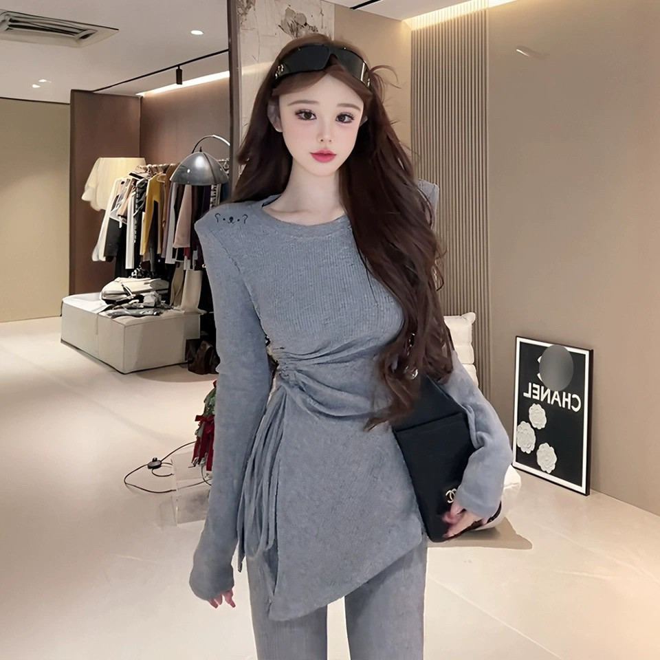 2025新款韩版时尚百搭圆领长袖针织衫女修身显瘦打底毛衣上衣套装