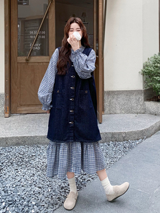 裙 衬衫 蓝色松弛感牛仔背心连衣裙套装 女2025秋复古格纹长袖