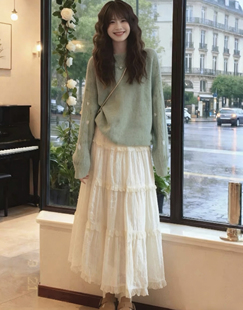 2025新款 上衣蕾丝半身裙两件套女秋冬 韩系温柔风洋气镂空针织开衫