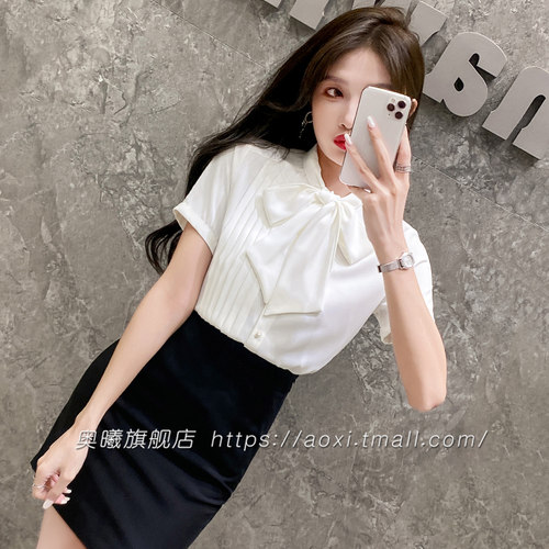 女士衬衫系带蝴蝶结衬衣夏季新款设计感压褶职业装白色衬衣女套装