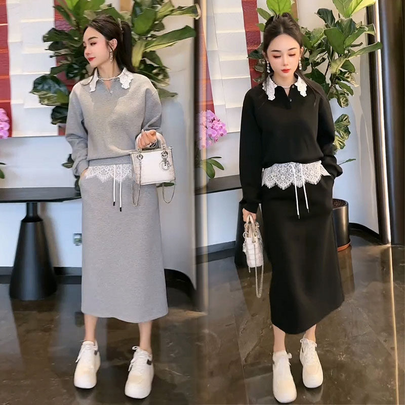 欧货时尚套装女2025春季半开领减龄显瘦卫衣蕾丝拼接半身裙两件套,女装/女士精品,时尚套装,淘宝优惠券,粉丝福利购,淘宝优惠卷