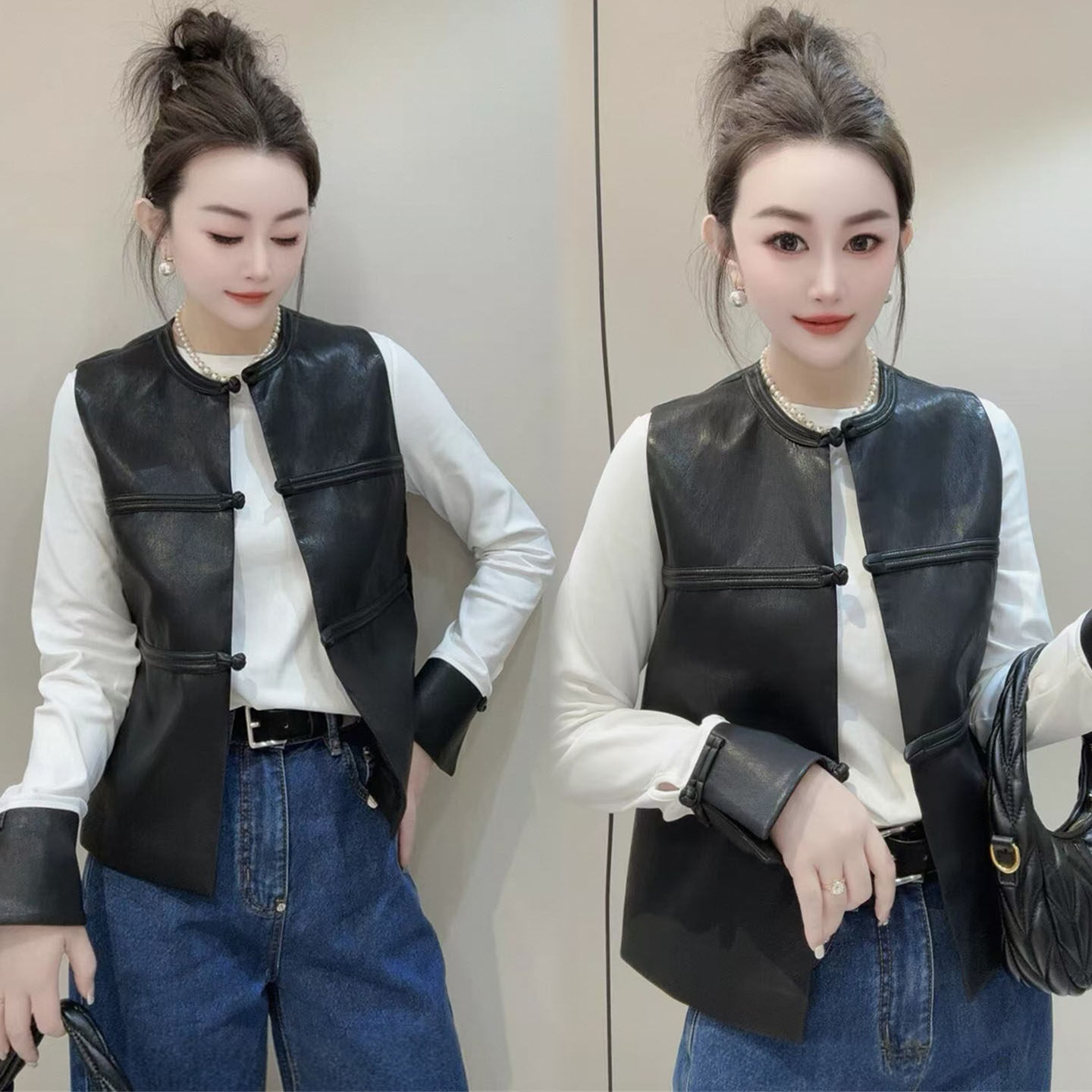 欧货国风气质时尚套装女2026春季洋气设计感PU皮马夹+t恤两件套冬,女装/女士精品,时尚套装,淘宝优惠券,粉丝福利购,淘宝优惠卷