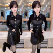 翻领收腰修身 时尚 PU皮拼接连衣裙女2025冬季 显瘦气质设计感裙子潮
