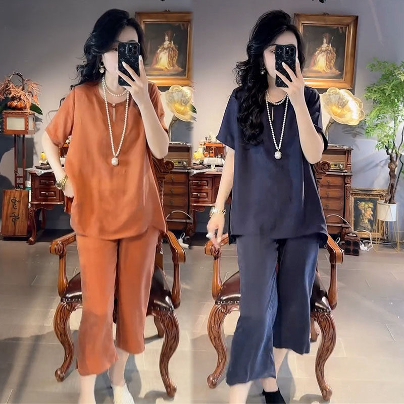 时尚套装女2025夏季洋气减龄宽松显瘦短袖中长款上衣裤子两件套潮