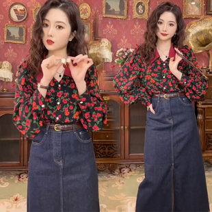 欧货气质碎花衬衫女23冬季新款洋气显瘦灯笼袖港风复古高级感衬衣