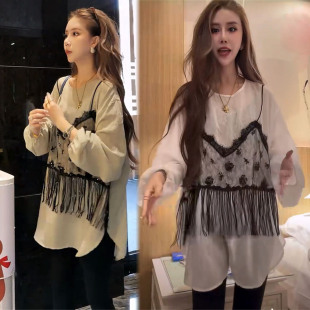 欧货法式假两件蕾丝流苏衬衫女春夏休闲韩版宽松设计感时髦上衣潮