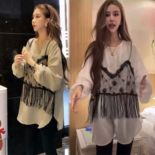 法式假两件蕾丝流苏宽松衬衫女