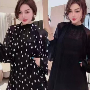 复古波点雪纺衬衫女2026春夏灯笼袖设计感宽松飘带显瘦中长款上衣