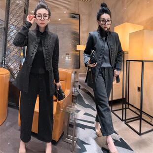 欧货气质时尚套装女26秋冬设计感盘扣加薄棉开衫西装阔腿裤两件套
