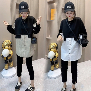 假两件衬衫女26秋季洋气休闲设计感圆领拼接宽松显瘦中长款打底衫