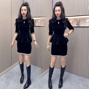 欧货丝绒时尚 女2025秋冬洋气减龄显瘦高级感丝绒上衣半身裙潮 套装