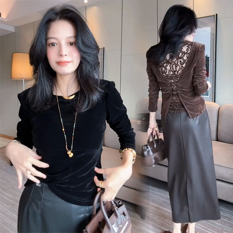 欧货高级感丝绒T恤蕾丝修身显瘦