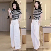套装 工装 女24夏季 气质时尚 洋气百搭减龄小众条纹短袖 t恤 裤 两件套