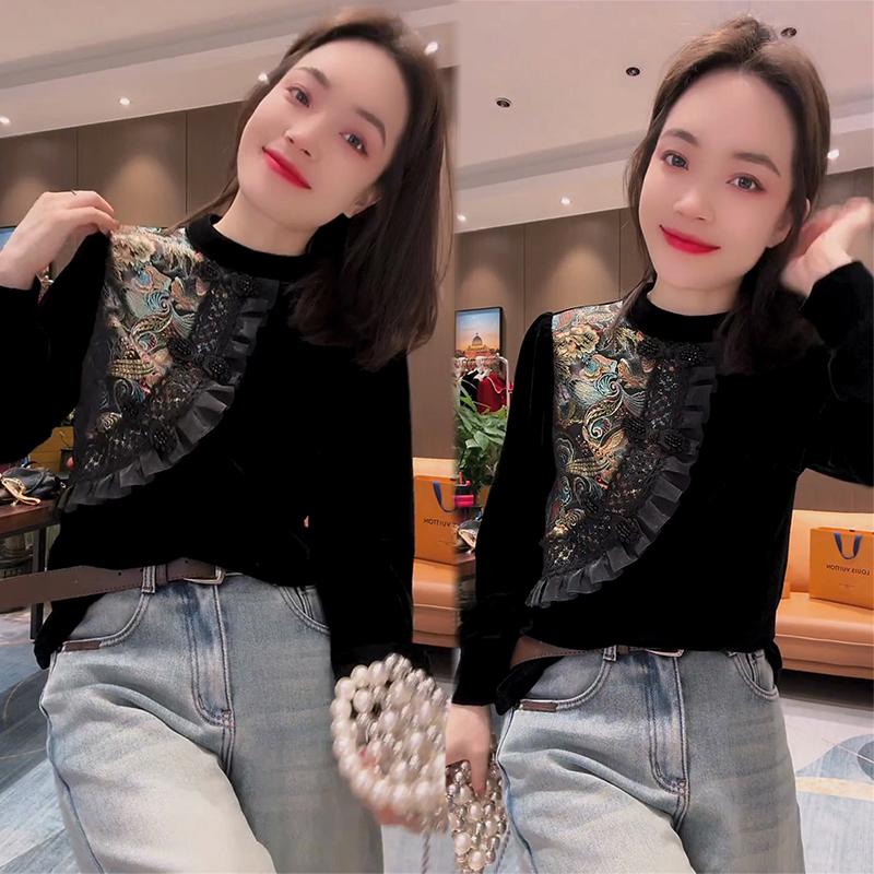 新中式国风金丝绒T恤修身打底衫