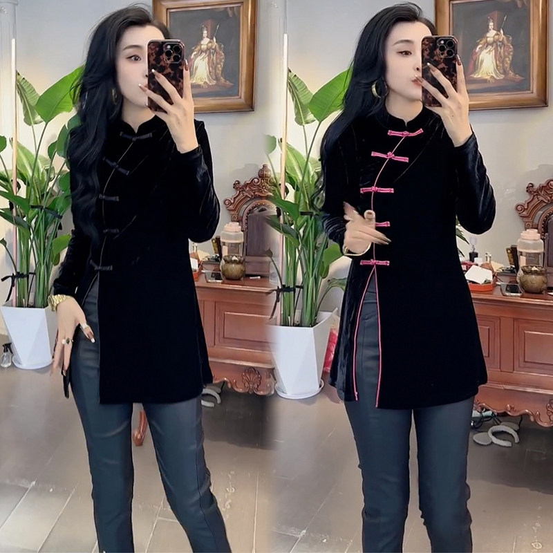 修身中国风长袖丝绒衬衫批发价