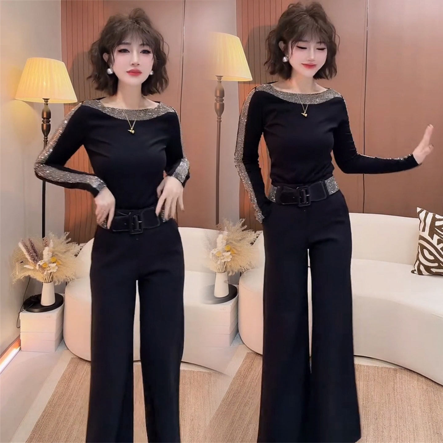 重工烫钻时尚套装女2026春季一字肩修身显瘦t恤+腰带裤子两件套,女装/女士精品,时尚套装,淘宝优惠券,粉丝福利购,淘宝优惠卷