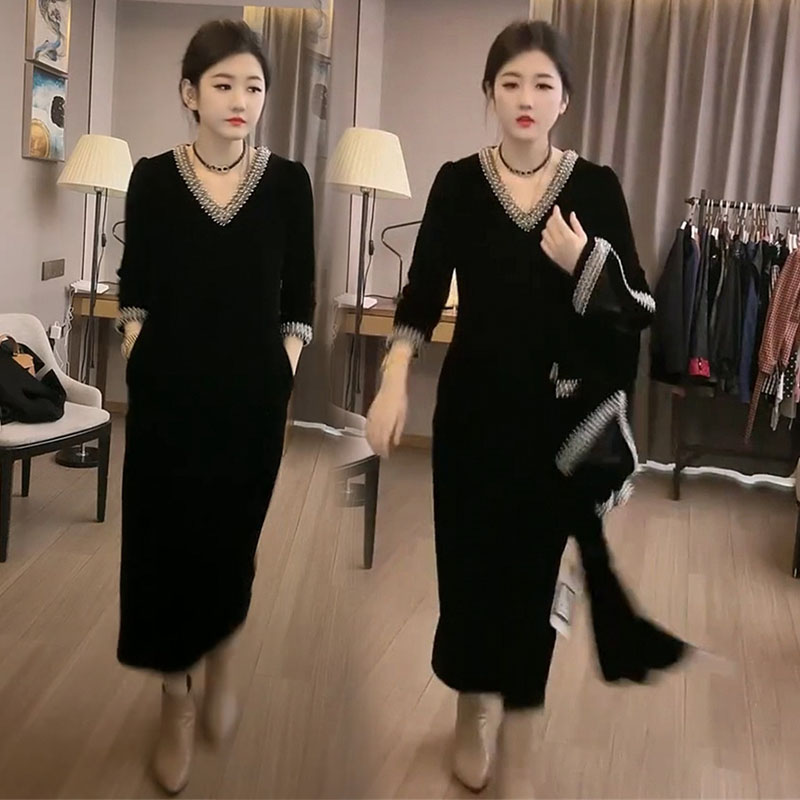 欧货丝绒连衣裙2025秋冬重工钉珠