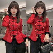 中国风气质加绒衬衫 拼接毛毛复古立领盘扣上衣潮 长袖 女25冬季 新款