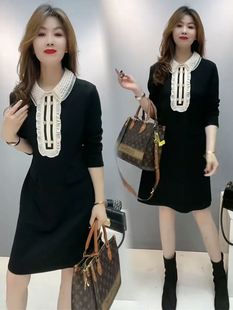 小清新娃娃领连衣裙女25冬季新款长袖飞边设计感钉珠百搭显瘦a字