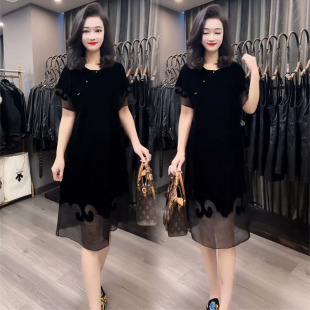 法式气质金丝绒连衣裙女2025夏季高级感收腰显瘦短袖减龄拼纱中裙