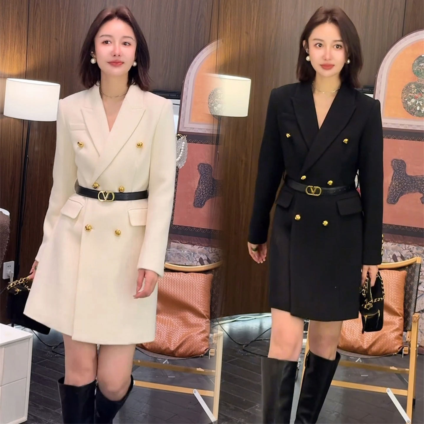 双排扣收腰显瘦西装连衣裙设计感