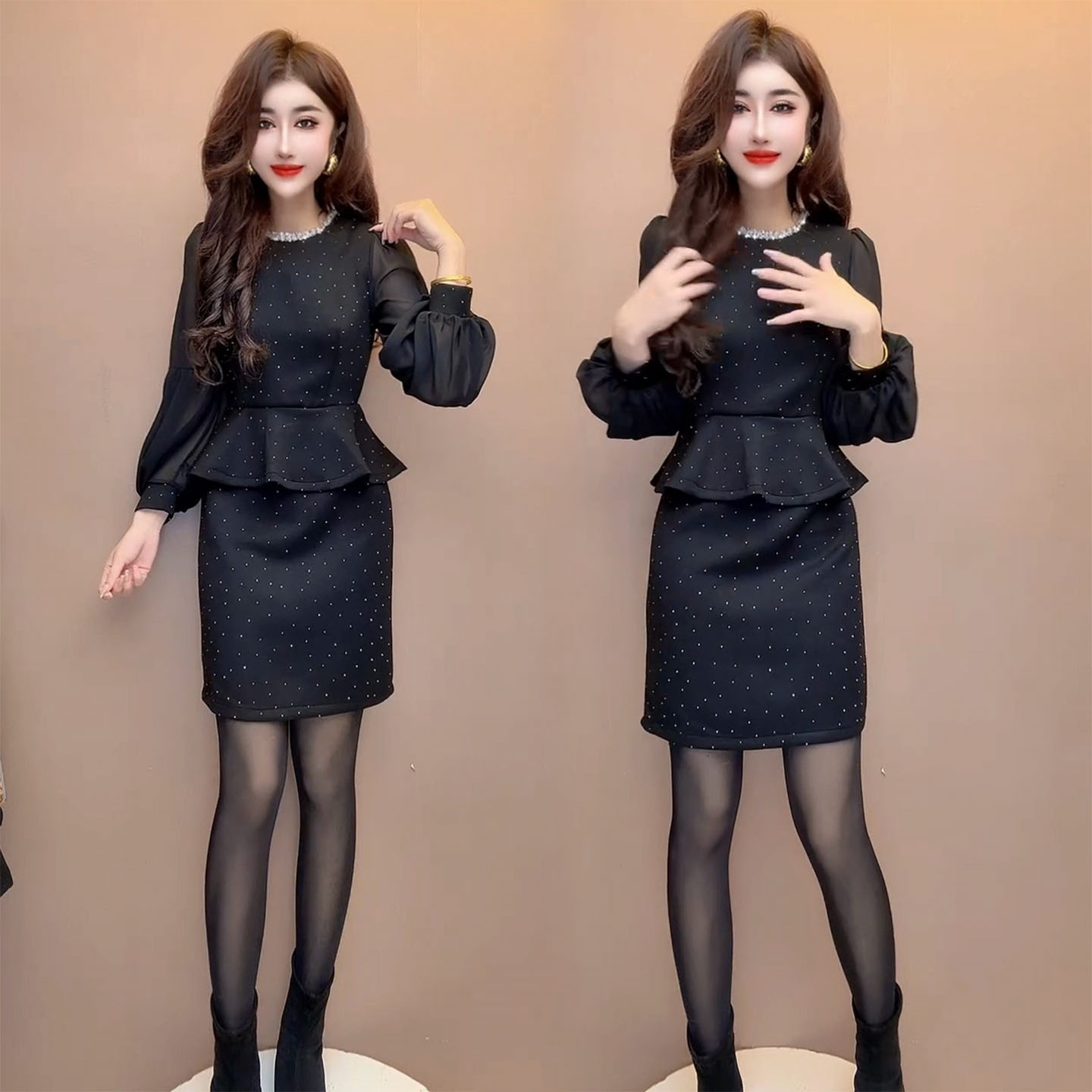 欧货高级感假两件连衣裙女2026春季灯笼袖设计感遮肚荷叶边中长裙