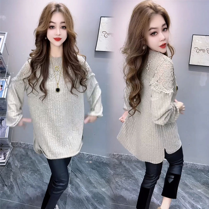 欧货蕾丝拼接长袖T恤中长打底衫