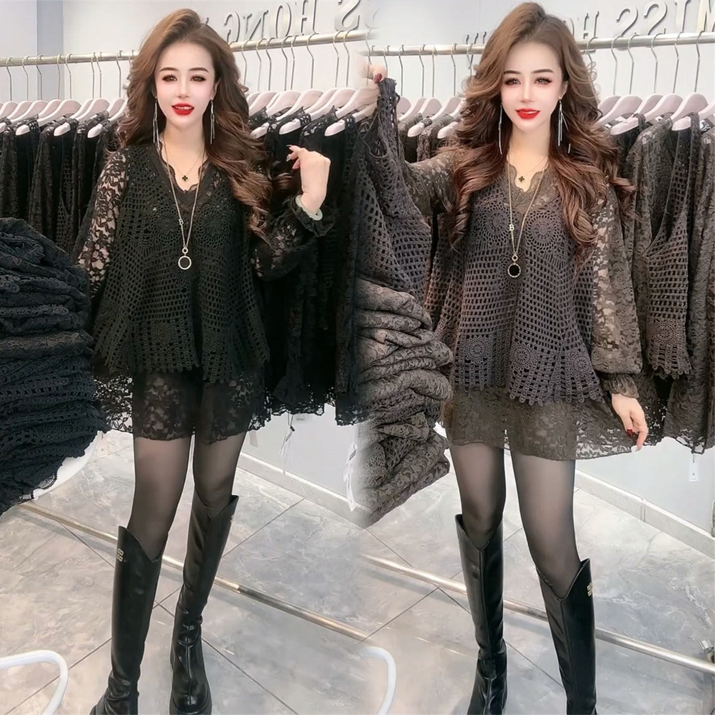 气质时尚套装女2026春季新款镂空钩花蕾丝裙微透针织衫马甲两件套,女装/女士精品,时尚套装,淘宝优惠券,粉丝福利购,淘宝优惠卷