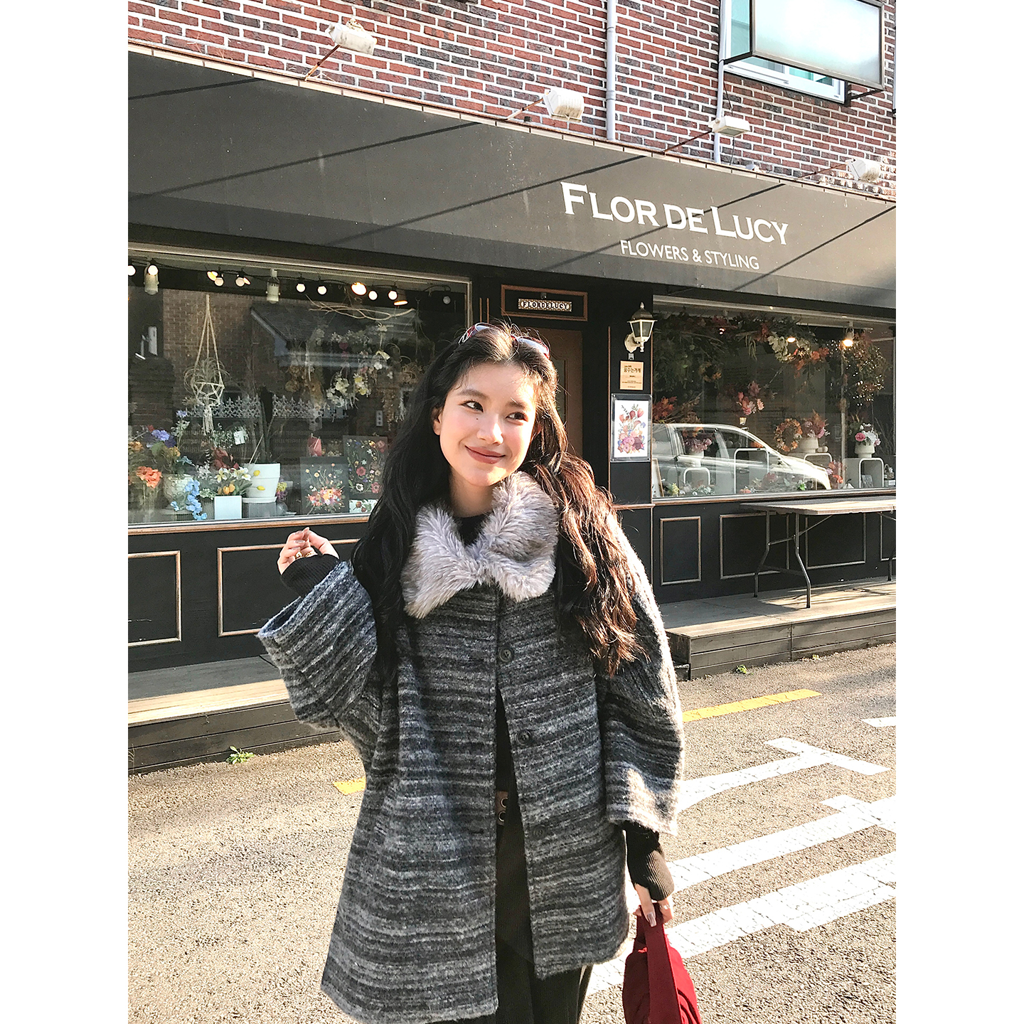 DaqianwithU 灰色毛领条纹立领棉服外套女冬季通勤加厚保暖大衣