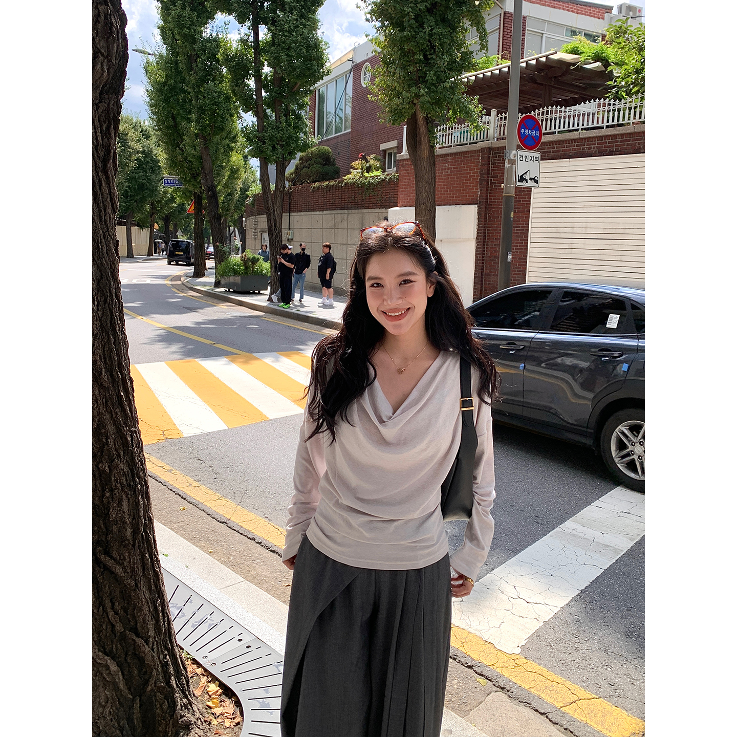 DaqianwithU气质天丝羊毛斜肩荡领长袖T恤女秋冬休闲百搭外穿上衣